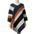Stylish striped knit poncho with irregular fringe hem in navy and orange - Tops / One Size / Navy Blue