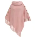 Elegant pink knitted poncho featuring a soft faux fur collar and stylish fringe hemline - Tops / Pink
