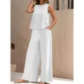 Vue détaillée de l'ensemble haut sans manches et pantalon large blanc, tissu doux. - Blanc