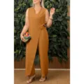 Women's Casual V-Neck Tie-Up Jumpsuit Solid Color Sleeveless Long Pants Mustard Yellow - 3XL / Brown