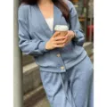 Blue knit cardigan and matching pants set, stylish casual two-piece outfit for women. - S / Top And Bottom / Blue Gray
