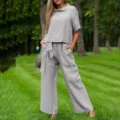Women casual summer two piece set short sleeve top and wide leg pants grey outfit - S / Top And Bottom / Light Gray