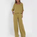 Women casual loose solid color short sleeve linen pants set summer two piece outfit - 3XL / Yellow