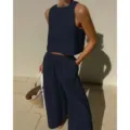 Ensemble deux pièces décontracté uni haut court sans manches et pantalon large bleu marine - S / Haut Et Bas / Bleu marine