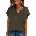 Women Summer Casual Short Sleeve V-Neck T-Shirt Loose Lace Crochet Tee Top Olive Green - S / Army Green