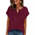 Fashion Summer Boho V-Neck Lace Short Sleeve T-Shirt For Women Casual Loose Top New - S / Burgundy