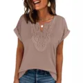 Women casual short sleeve t-shirt loose fit lace v neck summer top elegant daily wear style - S / Malachite green