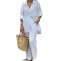 Conjunto de dos piezas blanco para mujer camisa manga larga solapa y pantalón verano. - S / Top y Pantalones / Blanco