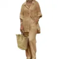 Conjunto De Dos Piezas Casual De Lino Para Mujer Camisa De Manga Larga Y Pantalones - S / Top y Pantalones / Caqui