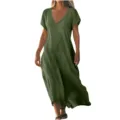 Detailed view of the dark green V-neck short sleeve loose cotton linen maxi dress. - 3XL / Army Green