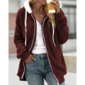 Women casual cozy fleece zip-up hoodie winter long sleeve warm outerwear jacket top - S / Red