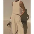 Ensemble haut court sans manches et pantalon large beige, tenue deux pièces unie. - S / Haut Et Bas / Kaki
