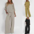 Women Casual Solid Color Short Sleeve Cotton Linen Two Piece Set Wide Leg Pants Summer - 3XL / Large Stock