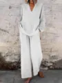 casual loose two piece set long sleeve v neck top and wide leg trousers detail shot - 3XL / Set / White