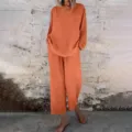 Casual two-piece set detail view, long-sleeve V-neck top and loose wide-leg pants. - 3XL / Set / Orange Red