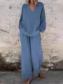 Detailed view of the solid color V-neck long sleeve top and loose wide leg pants set texture. - 3XL / Set / Blue