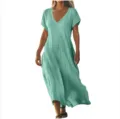 Casual solid color V-neck short sleeve loose linen maxi dress for women, perfect for summer. - S / Green