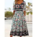 Καλοκαιρινό γυναικείο boho μακρύ φόρεμα με floral print κοντό μανίκι και άνετες τσέπες - 3XL / 1-Ροζ Λουλούδια