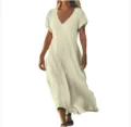 Casual cotton linen V-neck short sleeve loose maxi dress for women summer daily wear. - 3XL / Apricot