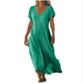 Casual green cotton linen v-neck short sleeve maxi dress detail view for women summer. - 3XL / Rose Red
