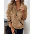 Dames Pluche Trui met Halve Rits Fleece Sweatshirt Casual Lange Mouw Herfst Winter - S / Khaki