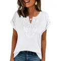 Casual white short sleeve V-neck t-shirt for women with elegant lace crochet trim for summer. - S / White