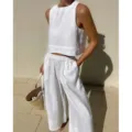 Ensemble décontracté unicolore haut sans manches et pantalon large en tissu lin blanc. - S / Haut Et Bas / Blanc