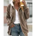 Brown fuzzy sherpa zip up hoodie jacket for women, casual long sleeve warm winter outerwear - S / Khaki
