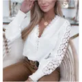 Spring Autumn Long Sleeve V-Neck Lace Patchwork Women Blouse Elegant Casual White Shirt - S / White