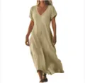 Close up view of the V-neck short sleeve casual maxi dress fabric detail and hemline. - 3XL / Dark Khaki