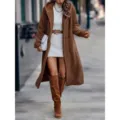 Women brown teddy fleece hooded long coat winter warm plush casual outerwear jacket - Camel