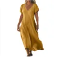 Women Cotton Linen V-Neck Short Sleeve Loose Maxi Dress Casual Summer Long Beach Dress - 3XL / Earthy Yellow