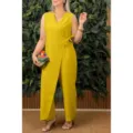 Women solid color v-neck sleeveless wrap jumpsuit casual elegant belted long pants outfit - Yellow