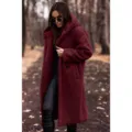 Long solid color plush women's coat, stylish autumn winter hooded teddy outerwear item. - S / Burgundy