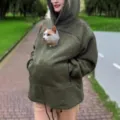 Green sherpa fleece hoodie with pet pouch, cozy casual winter sweatshirt for women. - 4XL / Army Green