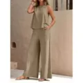Ensemble deux pièces élégant unicolore avec haut col rond et pantalon large pour femmes. - Kaki