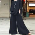 Casual linen two piece set long sleeve shirt and wide leg pants for women solid color - S / Top And Bottom / Black