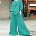 Casual solid color cotton linen long sleeve shirt and wide leg pants two piece set for women. - S / Top And Bottom / Green