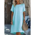Casual Linen Crew Neck Short Sleeve Midi Dress in Light Blue for Women Daily Wear - S / Sky Blue