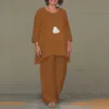 Women linen style two piece set long sleeve irregular top wide leg pants casual outfit - S / Top And Bottom / Khaki