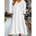 Women White Fleece Hooded Long Sleeve Midi Dress Casual Cozy Loungewear Winter Warm Outfit - S / Dresses / White