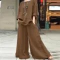 Casual solid color linen cotton long sleeve shirt and wide leg pants two-piece set in brown variant. - S / Top And Bottom / Khaki