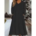 Casual loose fleece hooded long sleeve dress winter warm pocket loungewear comfortable daily wear - S / Dresses / Black