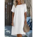White linen short sleeve pocket midi dress casual summer holiday beach women dress - S / White