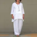 White linen two-piece set featuring a casual long sleeve top and wide leg pants. - S / Top And Bottom / White
