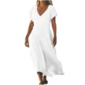 Women White V-Neck Short Sleeve Casual Loose Cotton Linen Maxi Dress Summer Daily Wear - S / White