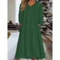 Casual green fleece hooded long sleeve maxi dress for women comfortable loungewear apparel - Dark Green