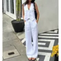 Women White Linen Vest and Wide Leg Pants Two Piece Set Casual Elegant Summer Outfit - 3XL / Top And Bottom / White