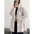 Solid color hooded long sleeve cardigan jacket with button closure for women casual wear - S / Apricot