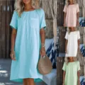 Casual Linen Short Sleeve Dress Women Solid Color Loose Midi Dress With Pocket - 3XL / In Stock